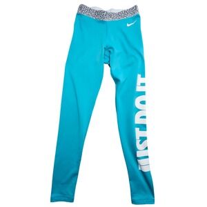 Nike Pro Dri-FIT Womens Teal Blue Just Do It Graphic Leggings 640959-388 Small
